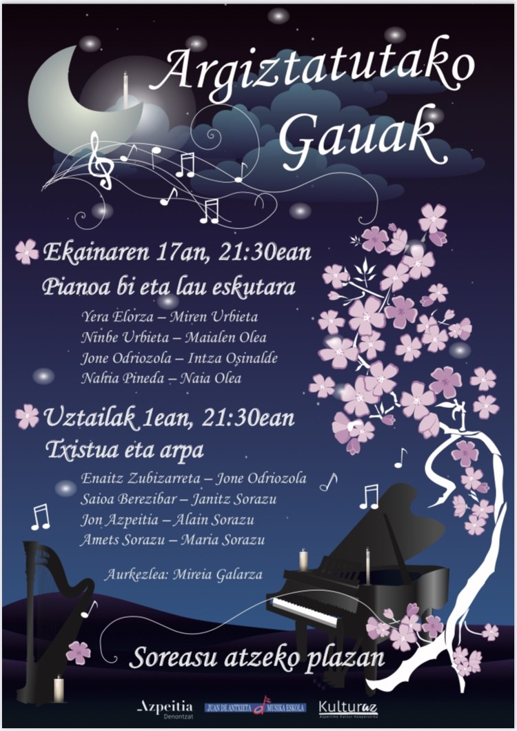 ‘Argiztatutako gauak’-en lehen kontzertua izango da ostiralean, Soreasuko plazatxoan