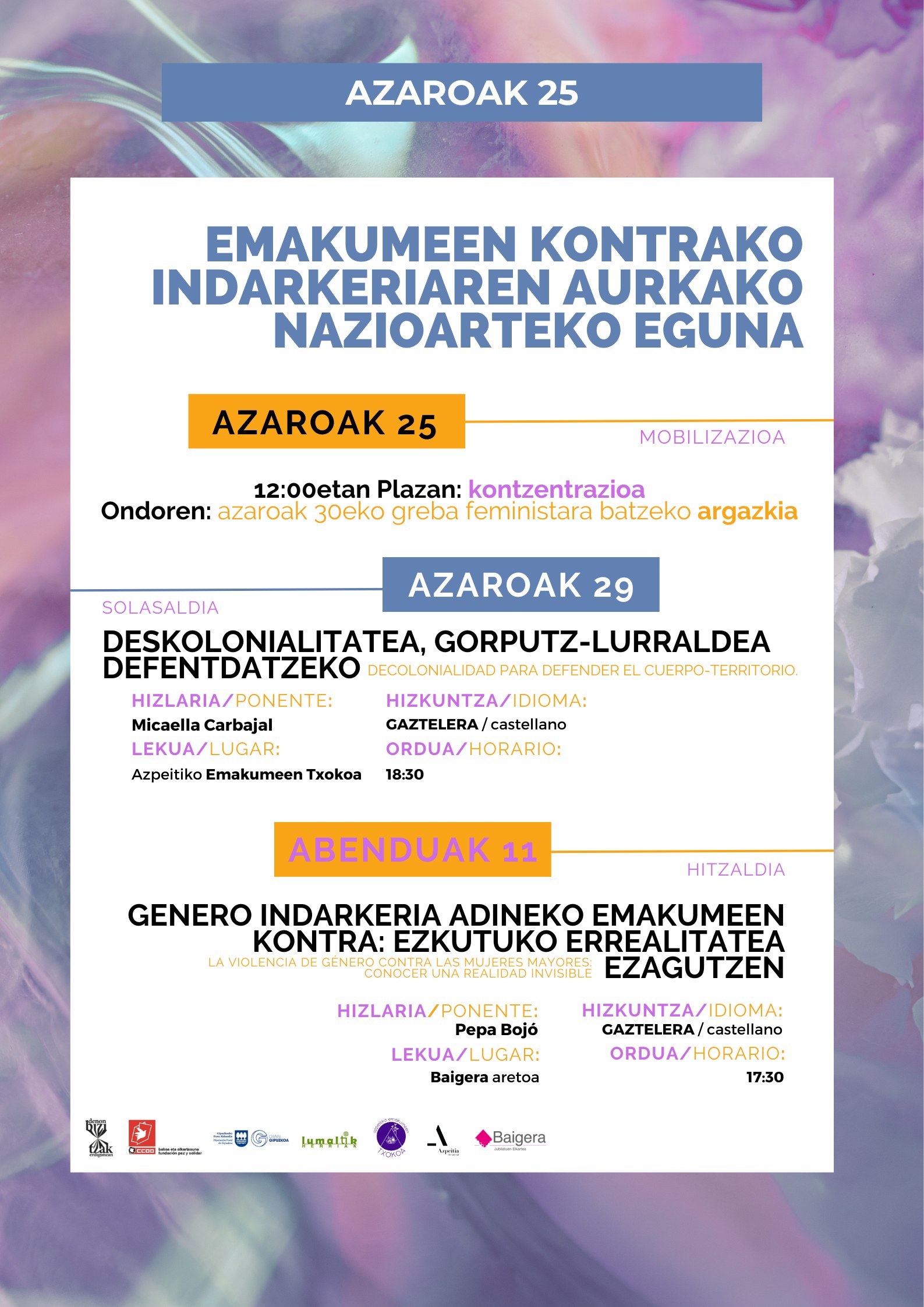 Elkarretaratzea eta hitzaldiak izango dira Azaroaren 25aren bueltan