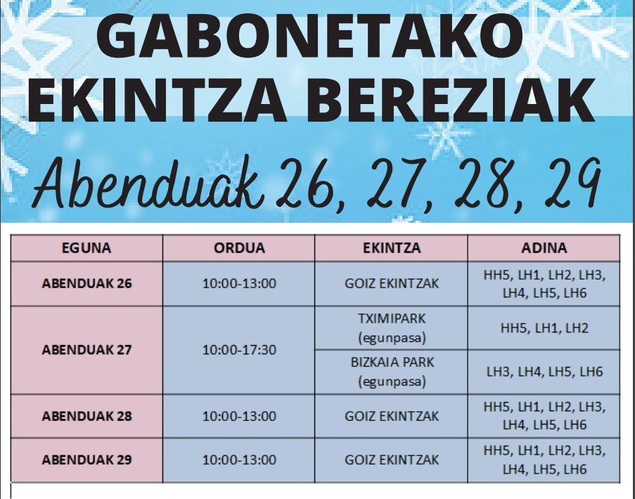 Gabonetarako ekintzetan abenduaren 7ra bitartean eman ahal izango da izena