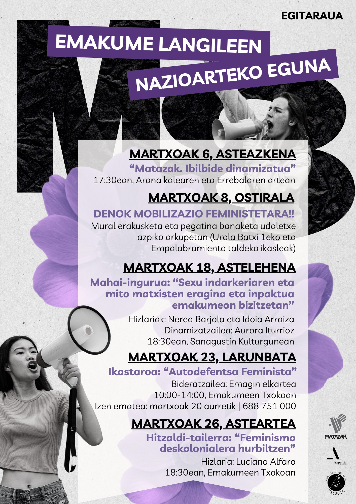 Matazak ibilbidea, autodefentsa ikastaroa, mahai ingurua eta hitzaldi-tailerra izango dira Martxoaren 8aren bueltan