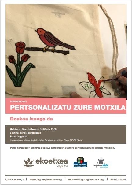Motxilak pertsonalizatzeko tailerra izango da hilaren 18an, Ekoetxean