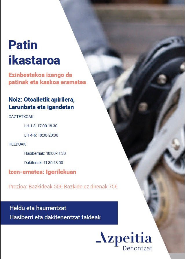 Patinetan ikasteko edo hobetzeko haur eta helduentzako patinen ikastaroa izango da otsailetik