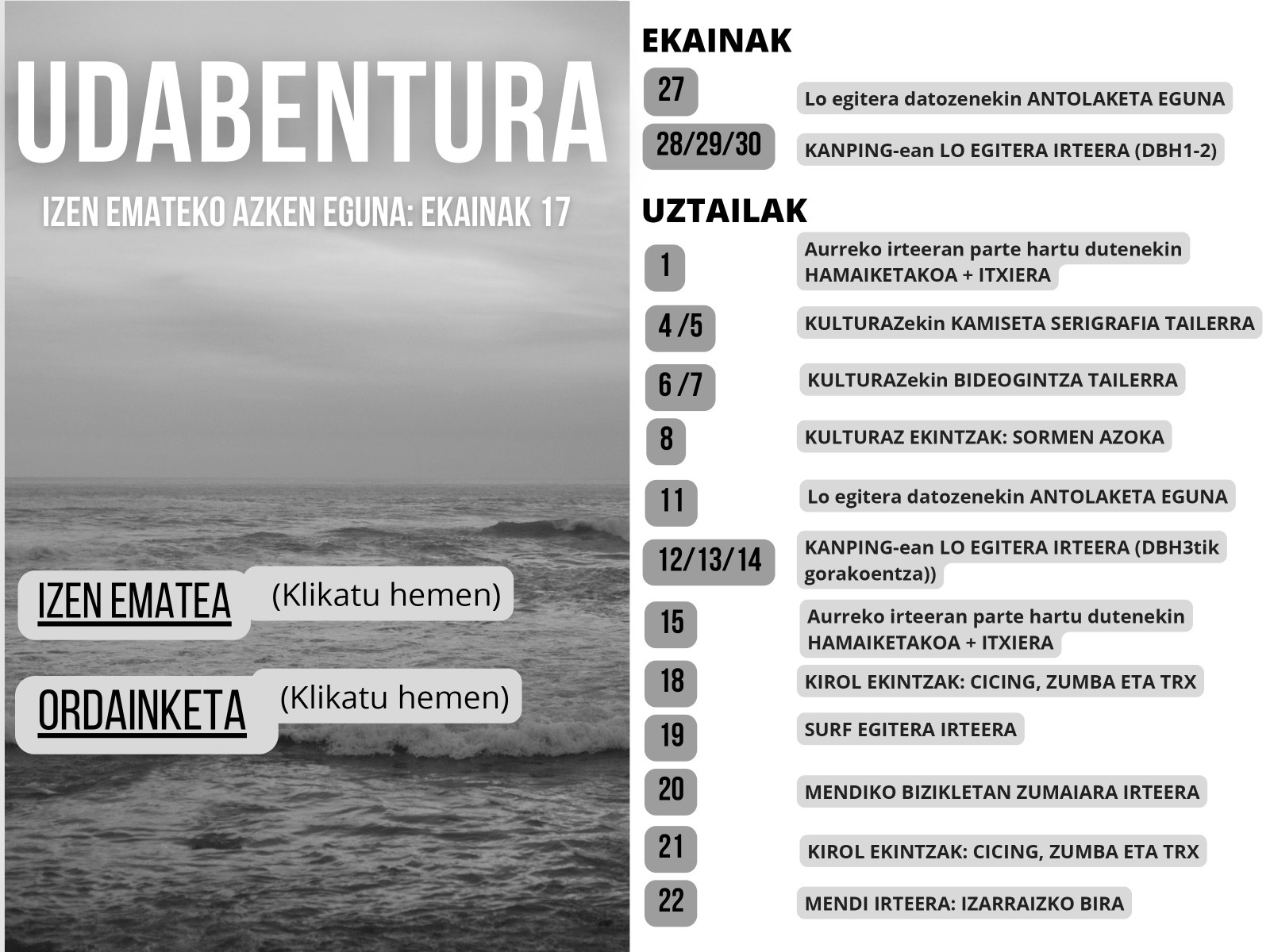 Udabenturako ekintzetan izena emateko epea zabalik da ekainaren 17a bitartean